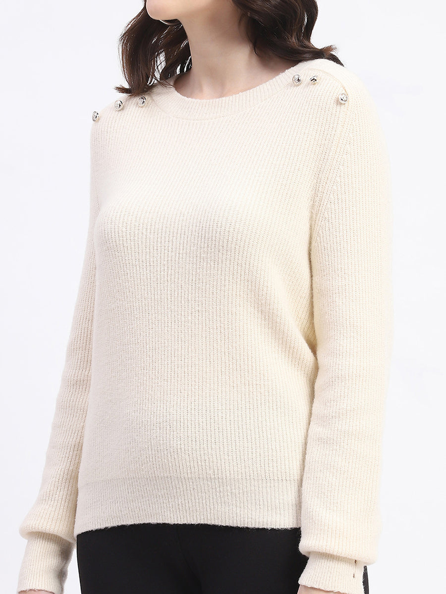 Madame Button Detailed Solid Beige Knitted Sweater