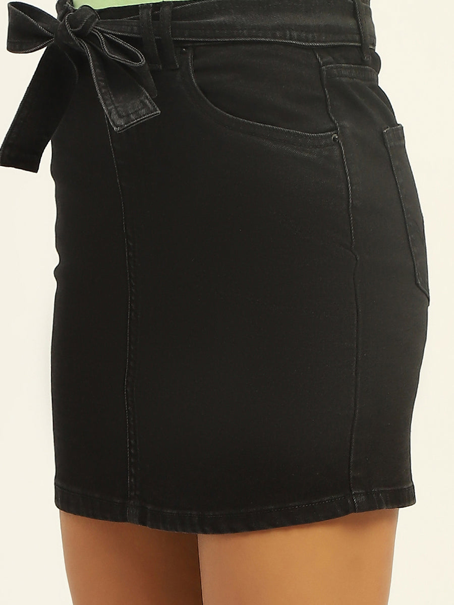 Madame Belted Black Denim Mini Skirt