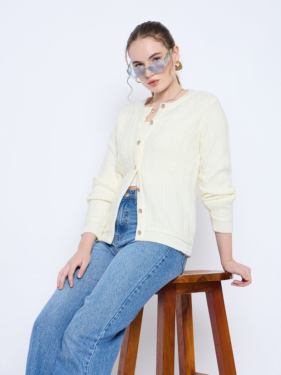 Madame Self Design Crew Neck Off White Cardigan