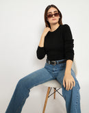 Madame Ribbed Cuffs Round Neck Black Sweater