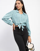 Madame Self Belted Waist Striped Aqua Blue Shirt