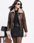 Madame Textured Self Design Brown Suede Jacket