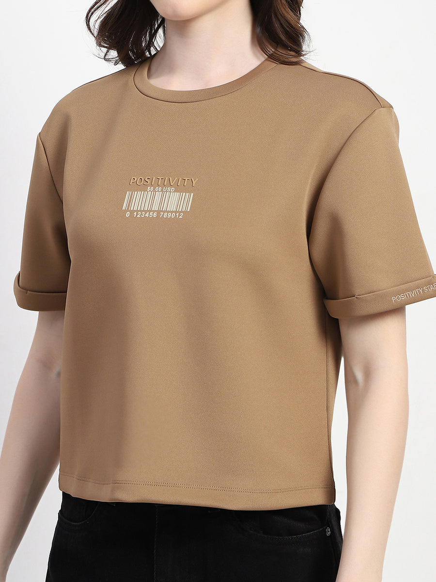 Madame Crew Neck Beige Crop T-Shirt