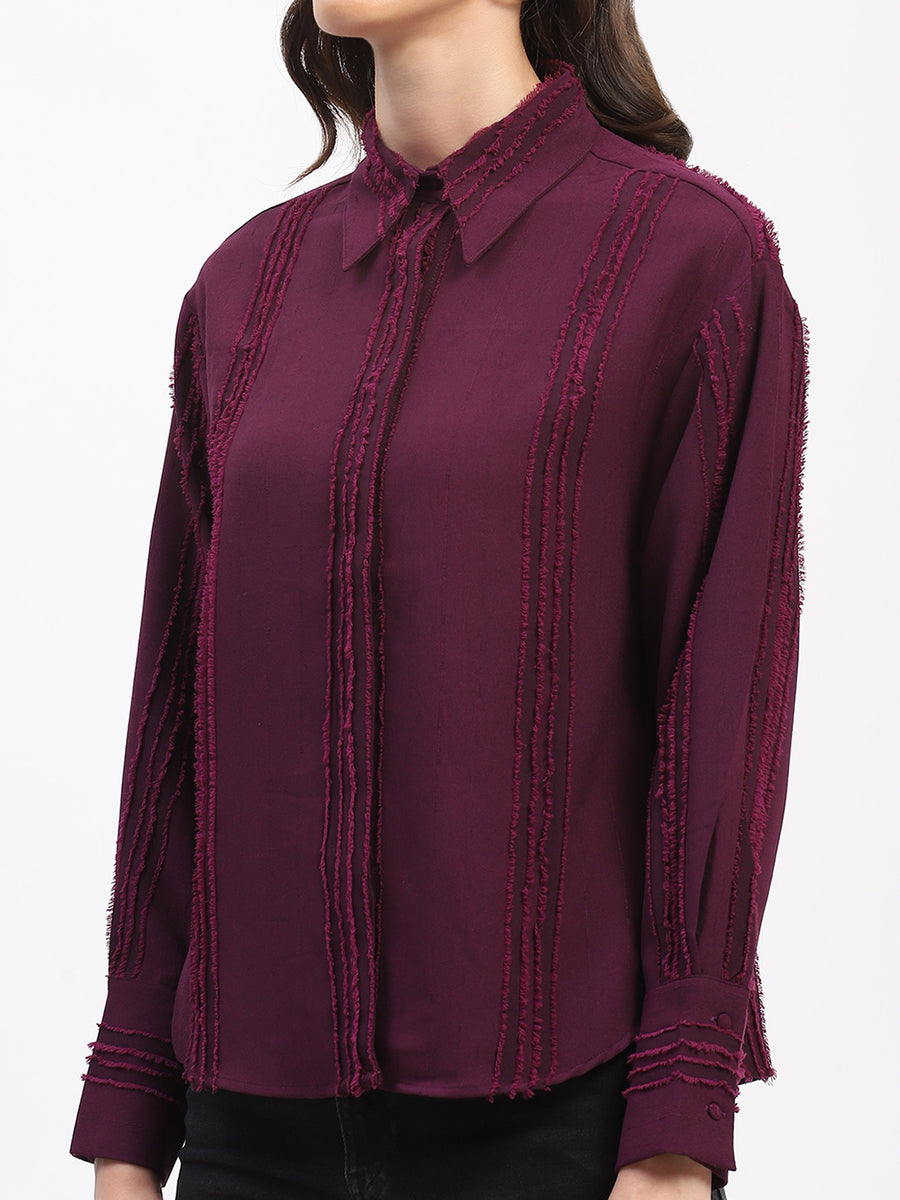 Madame Frayed Detailing Cuff Sleeve Plum Shirt