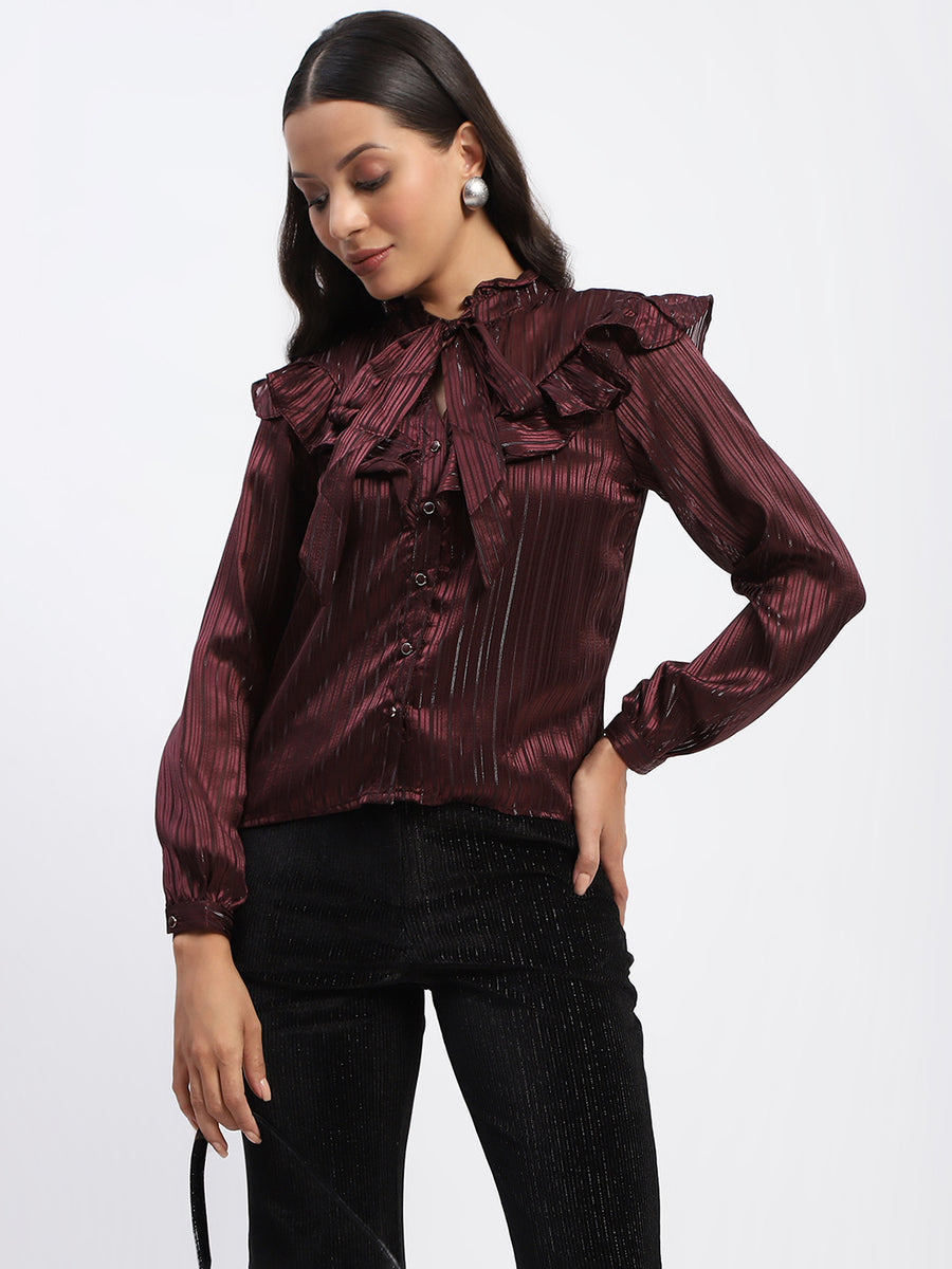 Madame Tie Knot Frill Necked Striped Wine Top