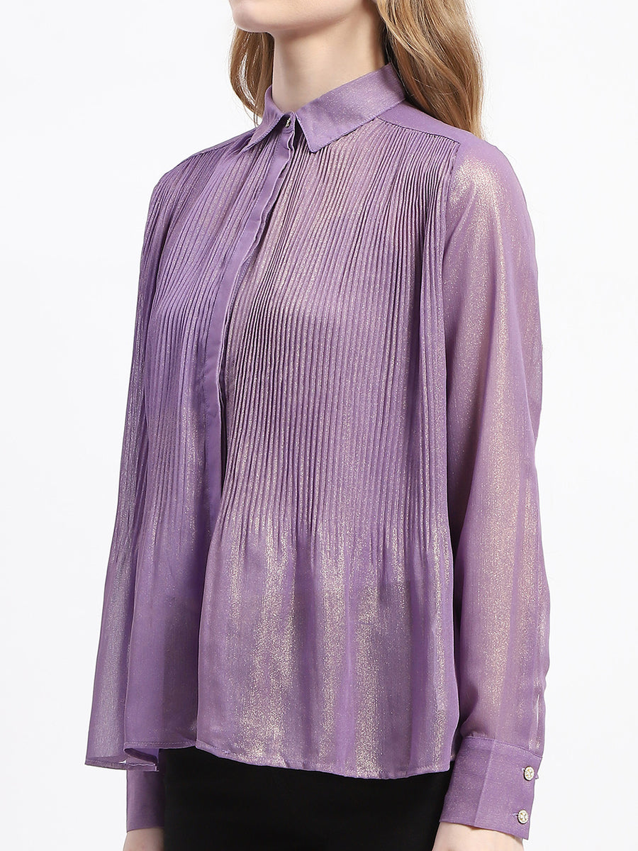 Madame Shimmer Pleated Hem Sheer Lilac Shirt