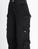 Madame Multi Pocketed Charcoal Black Cotton Denim Cargo