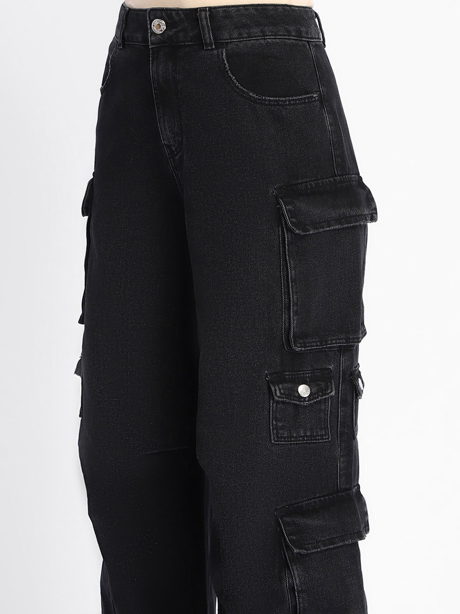 Madame Multi Pocketed Charcoal Black Cotton Denim Cargo