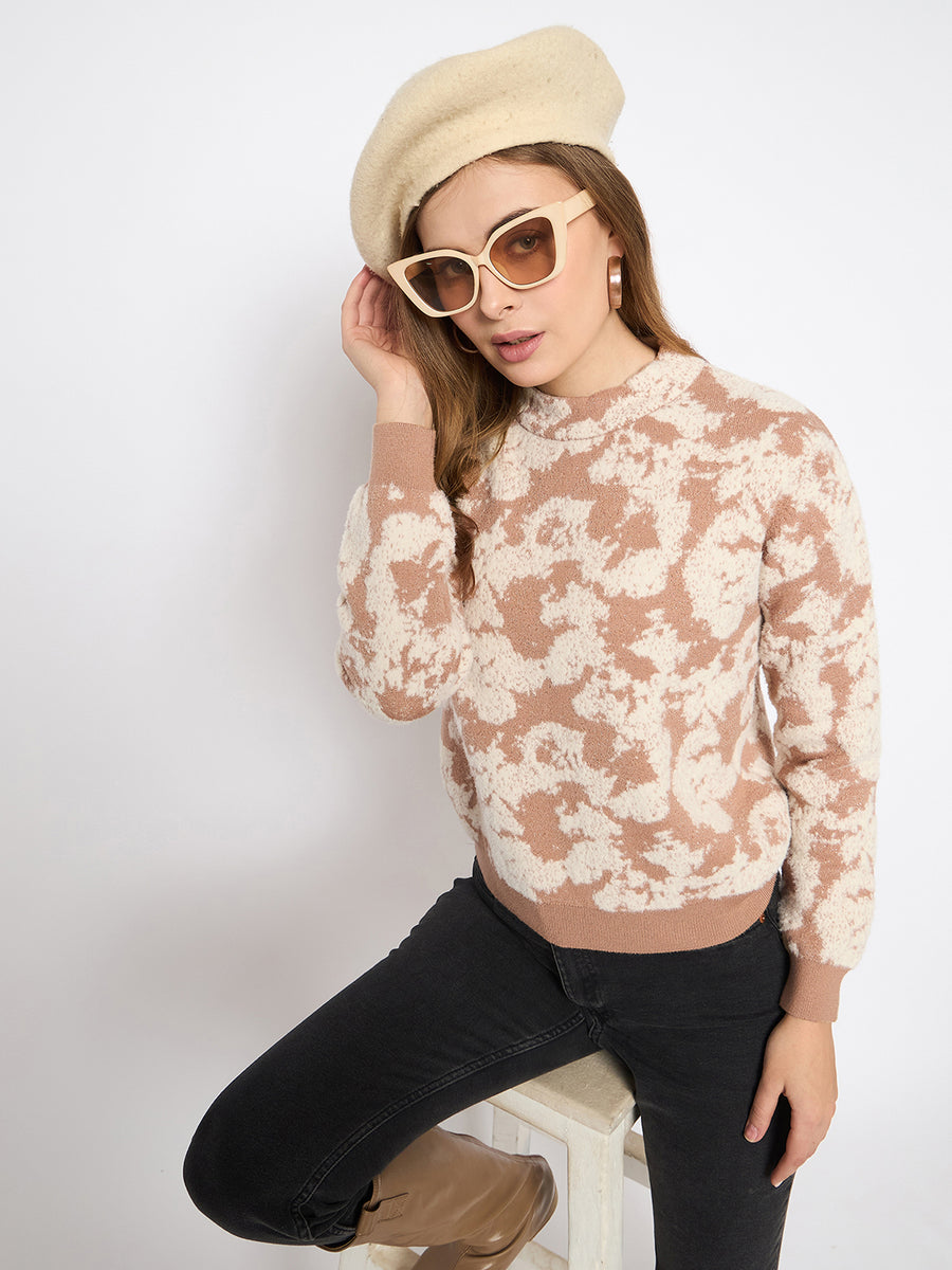 Madame Printed Crew Neck Beige Sweater