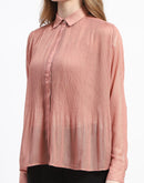 Madame Shimmer Pleated Hem Sheer Peach Shirt