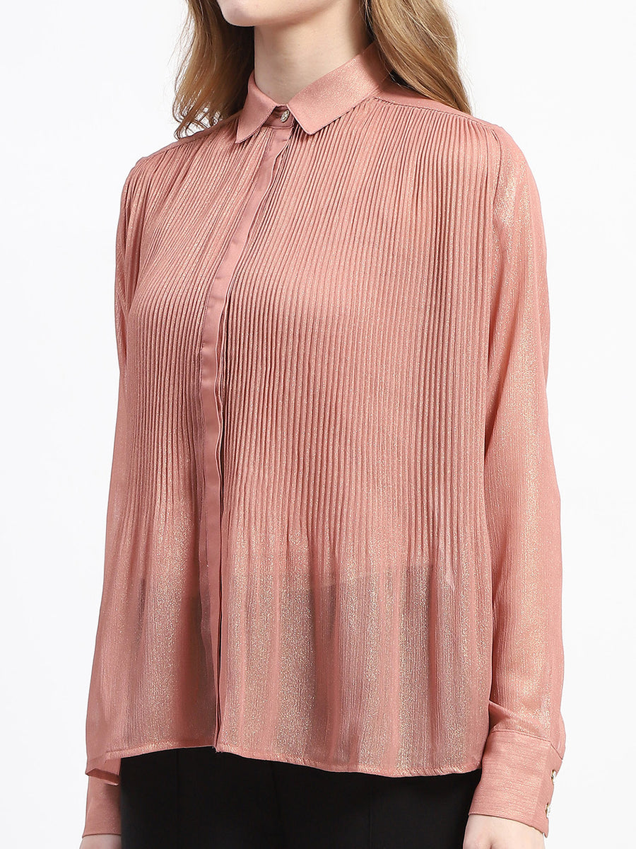 Madame Shimmer Pleated Hem Sheer Peach Shirt