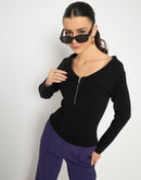 Madame Viscose Blend Open Shoulder With Zip Black Top