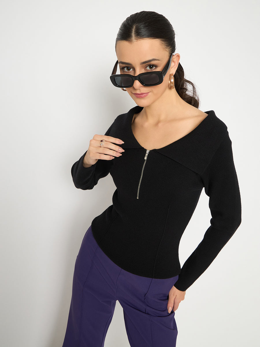 Madame Viscose Blend Open Shoulder With Zip Black Top