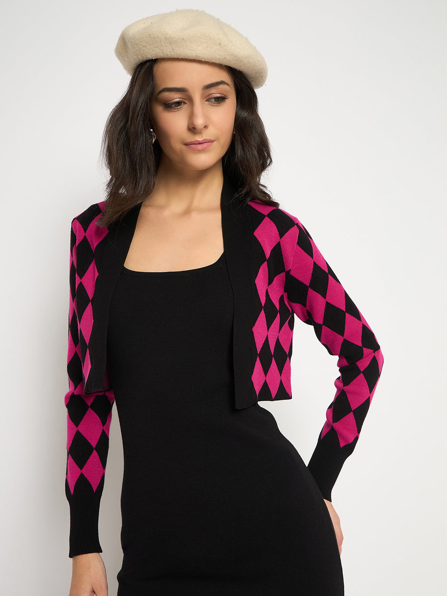 Madame Geometric Print Shrug and Solid Dress Magenta Ensemble