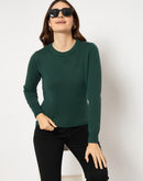 Madame Ribbed Cuffs Round Neck Bottle Green Sweater