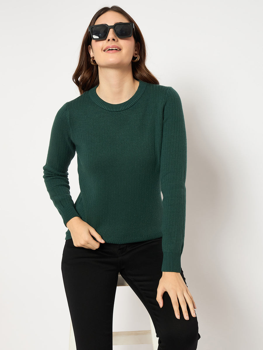 Madame Ribbed Cuffs Round Neck Bottle Green Sweater