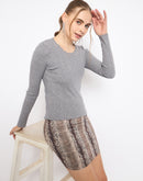 Madame Scalloped Neck Solid Grey Sweater