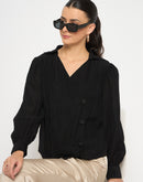 Madame Black Asymmetrical Hemline Rayon Blend Shirt