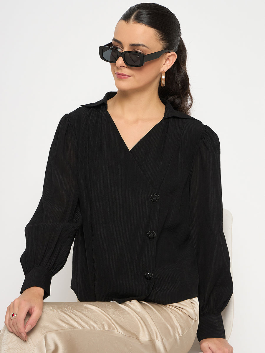 Madame Black Asymmetrical Hemline Rayon Blend Shirt