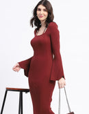 Madame Brick Red Knit Midi Dress with Flounce Sleeves