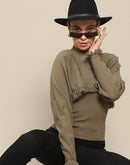 Madame Front Ripped Full Sleeve Olive Sweater