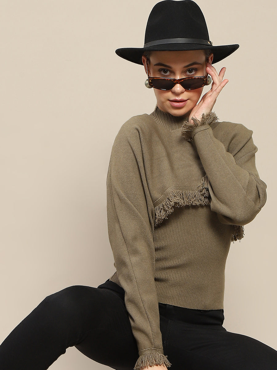 Madame Front Ripped Full Sleeve Olive Sweater