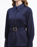 Madame Navy Belted Shirt and Wide-Leg Pants Co-ord Set