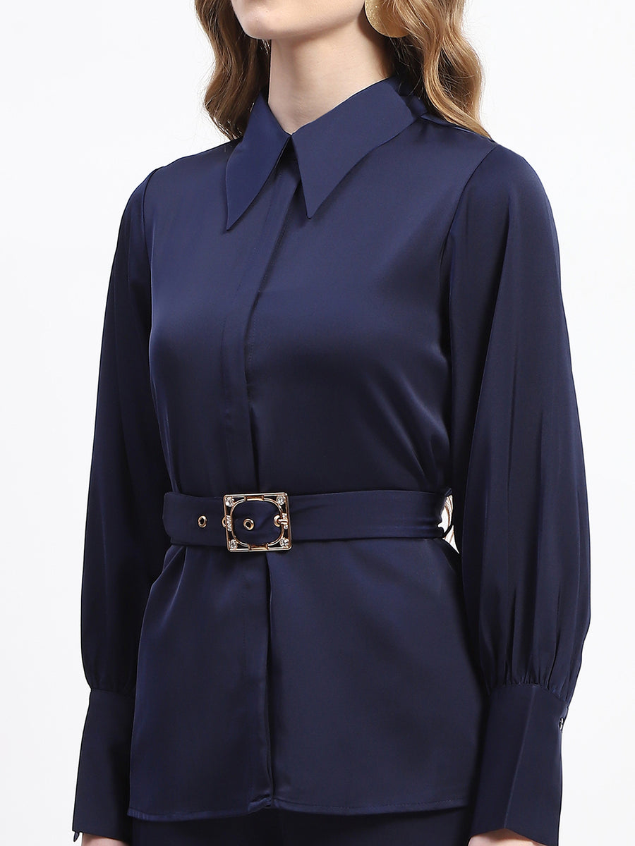 Madame Navy Belted Shirt and Wide-Leg Pants Co-ord Set