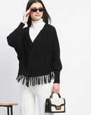 Madame Fringe Detailed Button Down Black Sweater