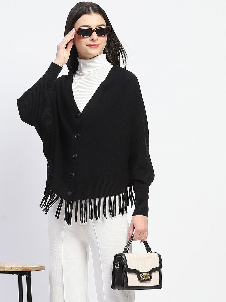 Madame Fringe Detailed Button Down Black Sweater