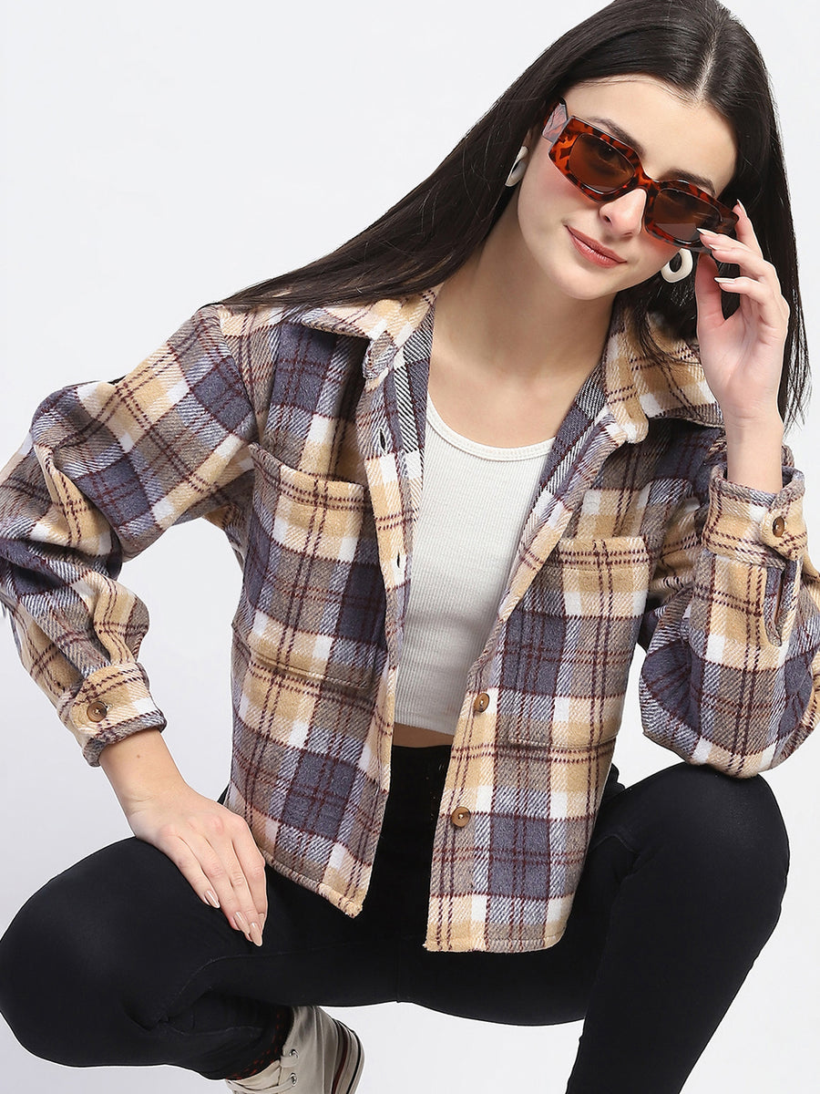 Madame Chequered Loose Fit Grey Crop Shacket