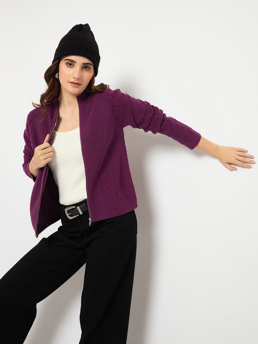 Madame Self Design Zipped Purple Sweater