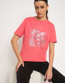 Madame Basic Fit Graphic Print Round Neck Half Sleeve Pink Top