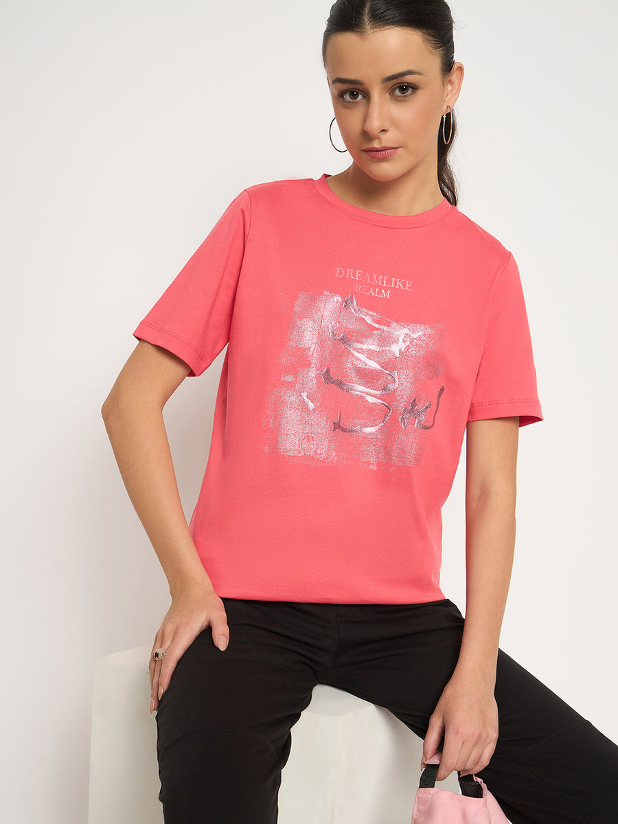 Madame Basic Fit Graphic Print Round Neck Half Sleeve Pink Top