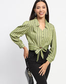 Madame Self Belted Waist Striped Green Shirt