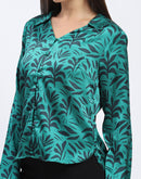 Madame Stylish Teal Green Leaf Print Shirt with Long Sleeves