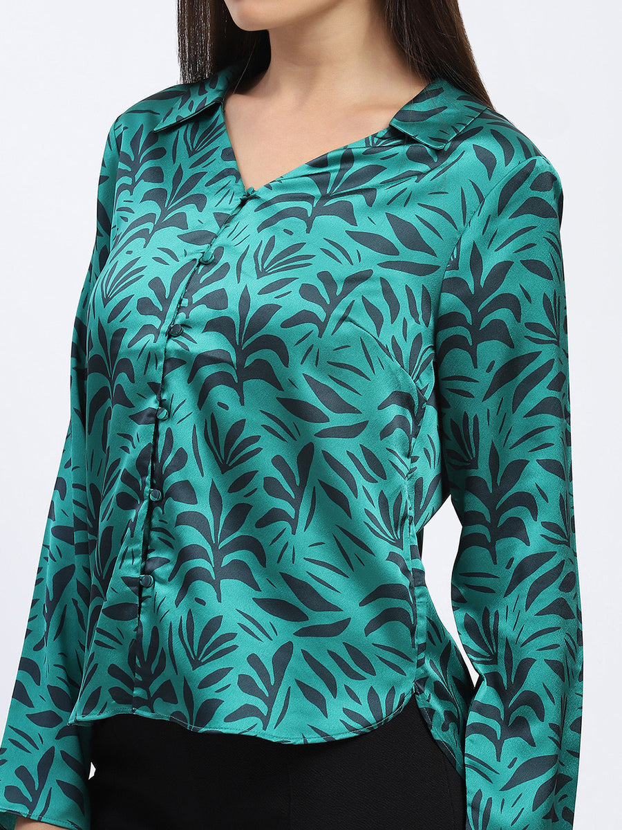 Madame Stylish Teal Green Leaf Print Shirt with Long Sleeves