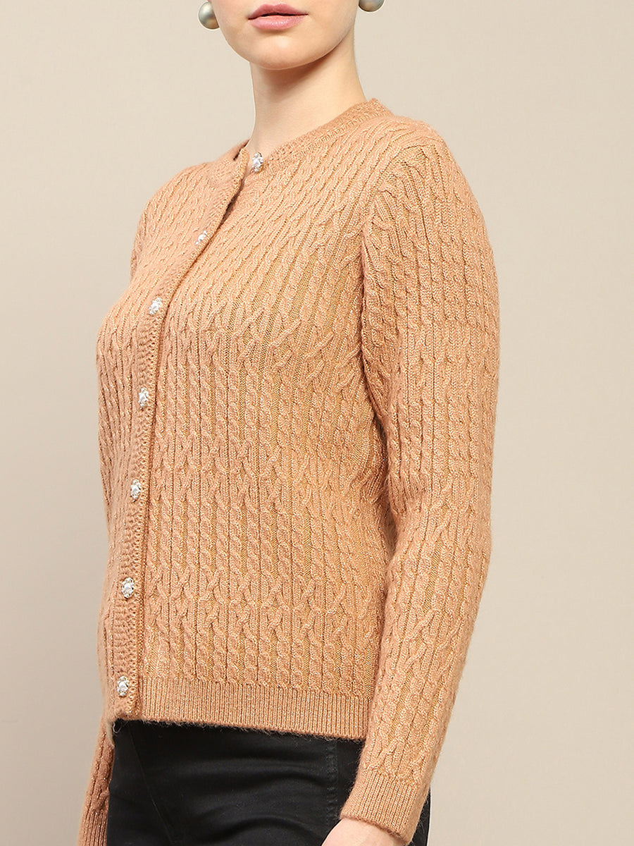 Madame Cable Knit Round Neck Rosewood Cardigan