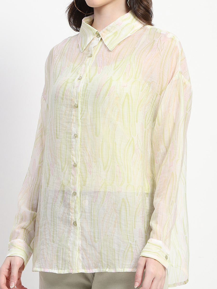 Madame Semi Sheer Abstract Print Lime Shirt