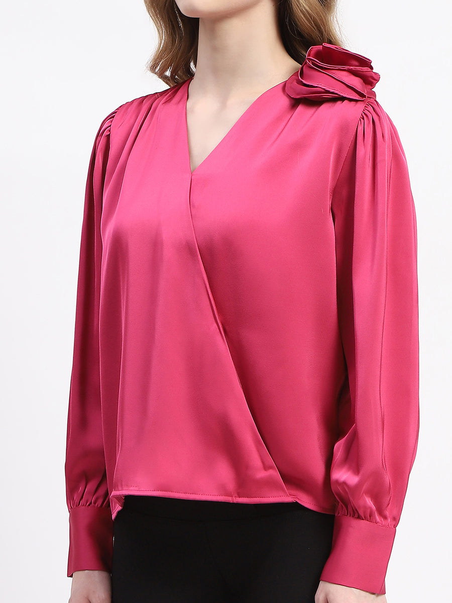 Madame Hot Pink Drape Top with Flower Applique