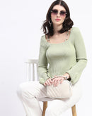 Madame Metal Accented Flounce Sleeve Mint Green Knit Top