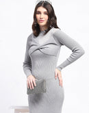 Madame Twisted Detailing Ribbed Bodycon Grey Dress