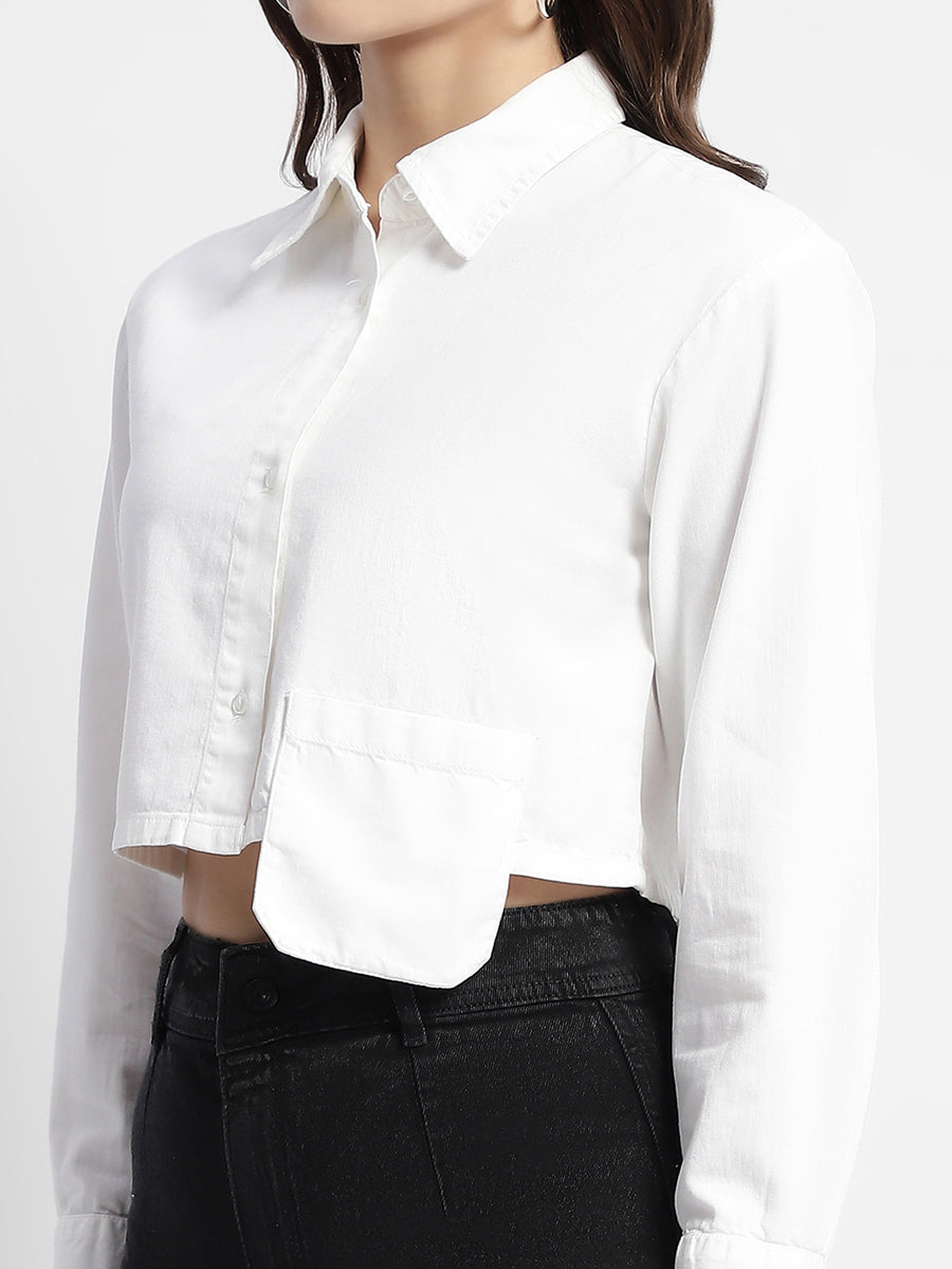 Madame White Front Flap Pocket Crop Shirt