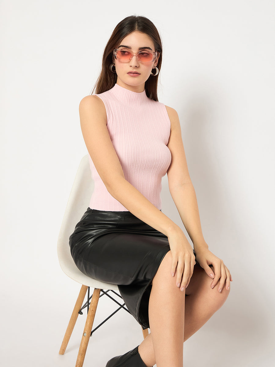 Madame Mock Neck Pink Sleeveless Sweater