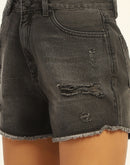 Madame Mid Rise Distressed Black Cotton Shorts