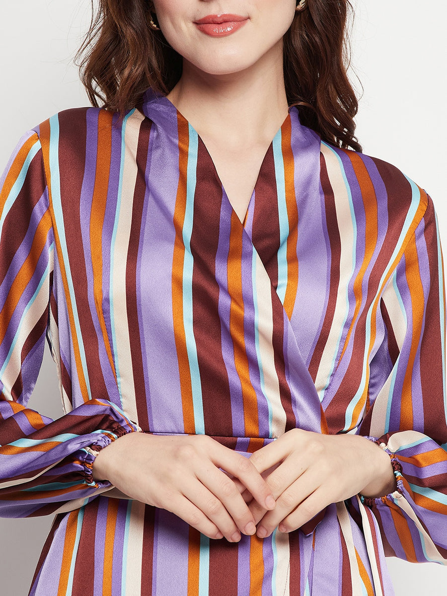 Camla Barcelona Striped Waist Belted Purple Wrap Dress