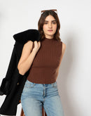 Madame Mock Neck Brown Sleeveless Sweater