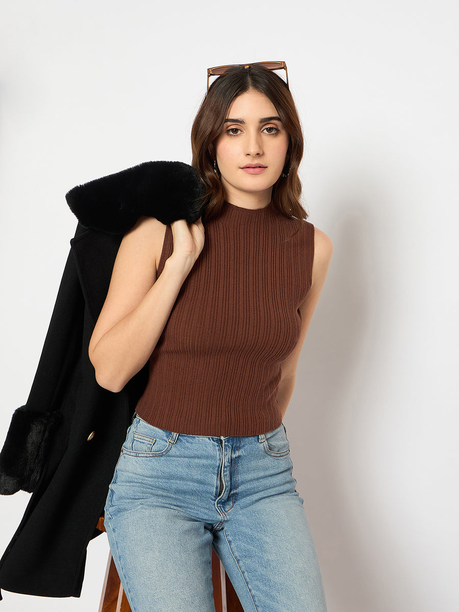 Madame Mock Neck Brown Sleeveless Sweater