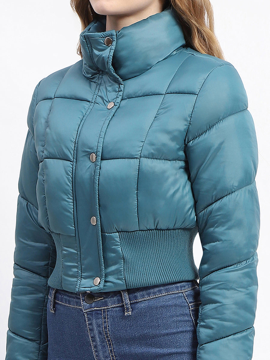 Madame Cropped Aqua Quilted Puffer High Neck Jacket