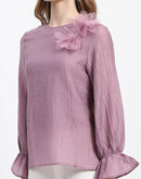 Madame 3D Flower Detailed Round Neck Solid Lilac Top